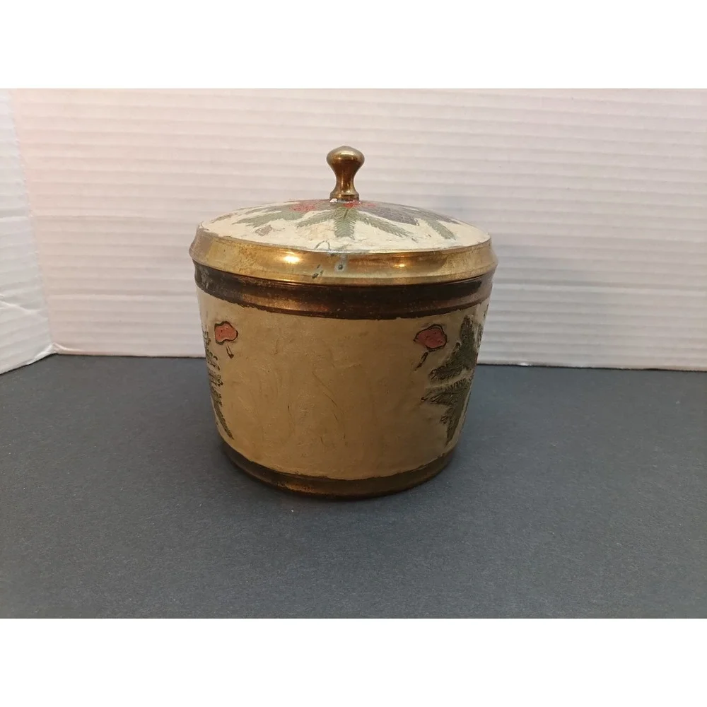 Vintage Lidded Canister Jar Christmas Cloisonné Enamel Solid Brass Hand Pained